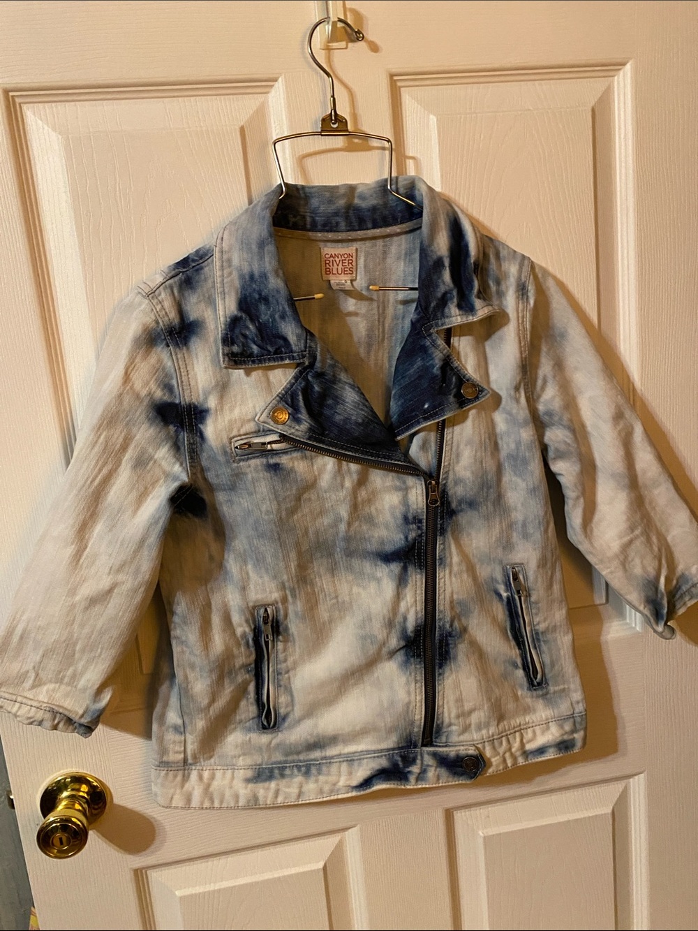 Canyon River Blues Blue and White Tie-Dye Denim Moto Jacket